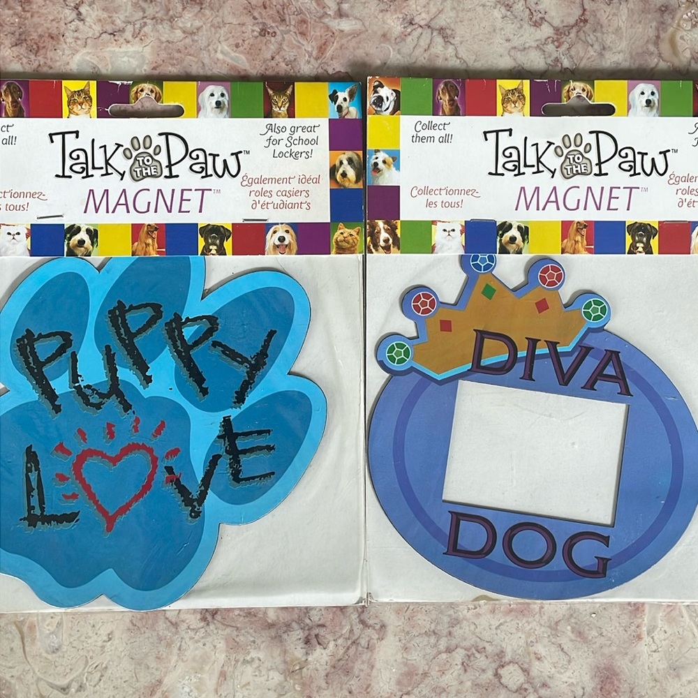 New Set Of 2 Talk Paws Dog Magnets~Diva Dog Framed Magnet/Puppy Love Paw Magnet